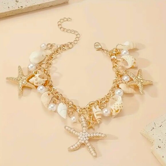 Bracelet Conch Shell Starfish Beach Ocean Vacation Sea Pearls Boho Summer Sylish - Picture 3 of 5